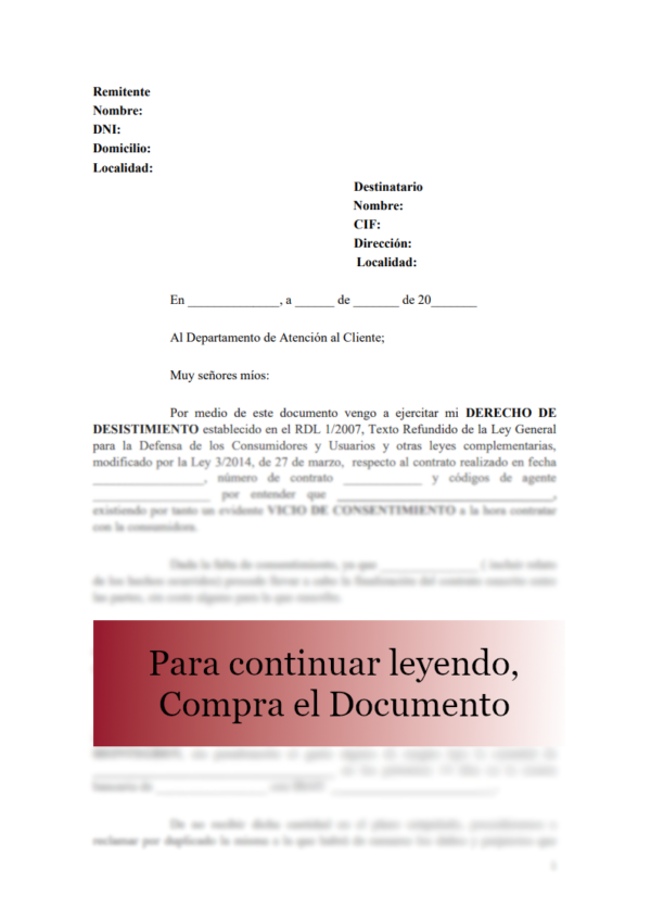 22-26 Escrito desistimiento contrato online o a través de comerciales